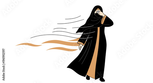 Modern Flat Vector Illustration of a Muslim Woman in Abaya Facing a Sandstorm and Strong Wind in Desert for Environmental and Weather Safety Branding
