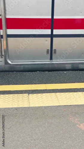 Train door closing on a station platform and tactile paving for accessibility