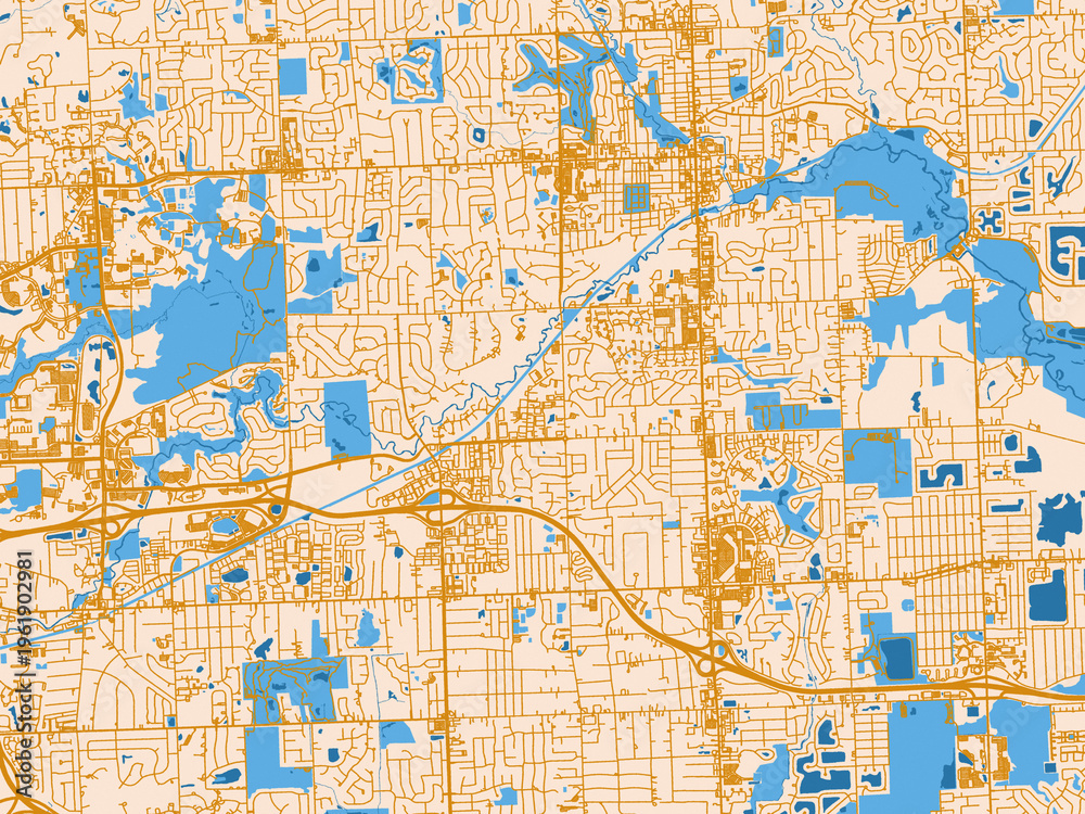 Naklejka premium City map poster of Rochester Hills, Michigan – light cream and blue contrast