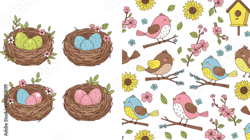 Spring birds and nests with colorful eggs seamless patterns set, cute floral branches and woodland elements vector collection for fabric, wallpaper and seasonal design