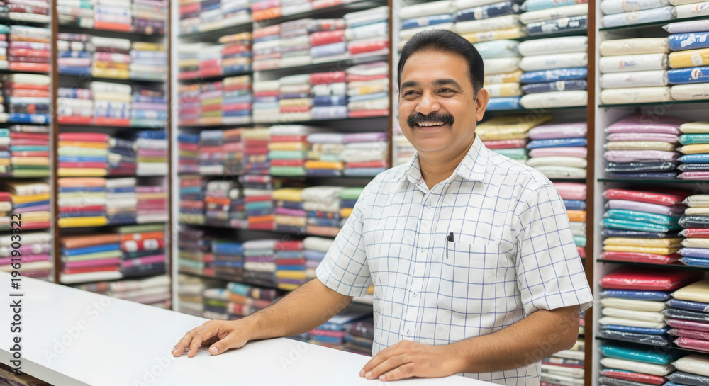 Fototapeta premium Smiling Indian Shop Owner in a Colorful Textile Store