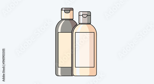 Two minimalist shampoo or conditioner bottles in grey and beige tones, representing hair care products for daily hygiene routines.