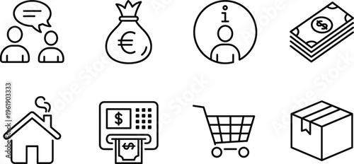 Business finance ecommerce line icons, communication money user info cash home ATM shopping cart package symbols, modern UI vector set