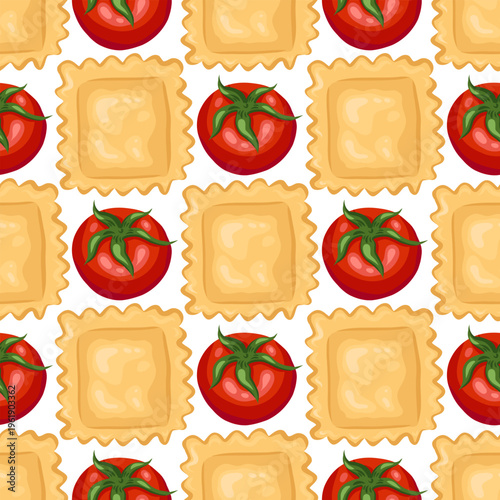 Tomato and ravioli vector seamless pattern. Hand drawn staggered pasta on white background. Italian food for restaurant menu design. Organic kitchen ornament for retro wallpaper and product packaging.