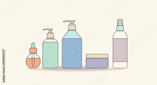 Collection of various colorful cosmetic and skincare product containers, including bottles with pumps, droppers, and sprayers, for beauty routines.