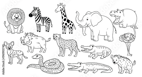 Set of various black and white cartoon safari animals like lion, zebra, giraffe, elephant, hippopotamus.