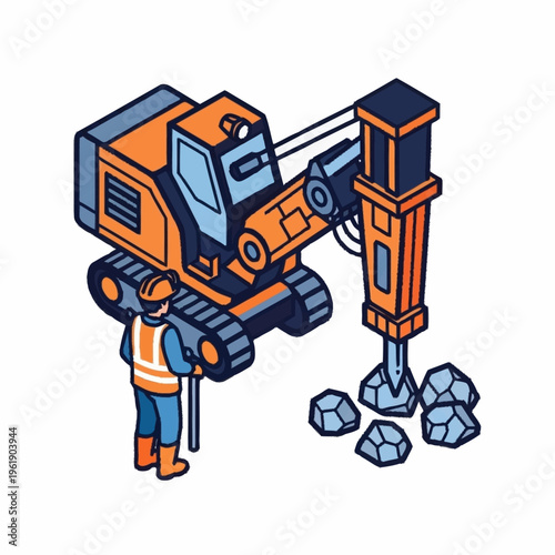 Isometric illustration of a construction worker operating a hydraulic breaker excavator.