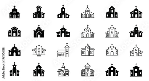 Collection of Church Building Icons: Diverse Architectural Styles and Religious Symbols