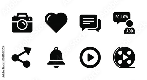 Modern social media icon set. Gradient UI icons including heart, chat, follow, and media symbols for digital design..eps