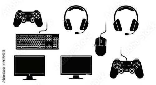 Gaming Setup Icons: Keyboard, Mouse, Controllers, Headphones, Monitors Silhouette