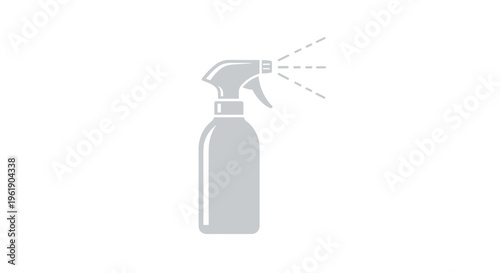 Simple grey spray bottle icon with mist emanating from the nozzle, representing cleaning, gardening, or hair care products.