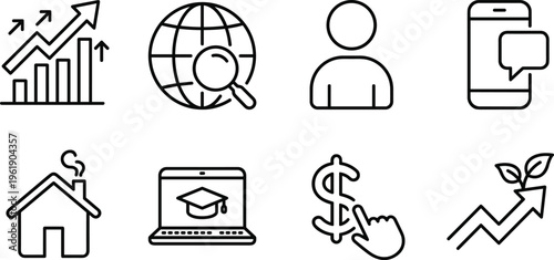 Business growth and digital marketing icons set, analytics global search user mobile education finance symbols, modern line UI vector illustration