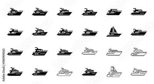 Collection of Yacht Icons: Luxury Boats, Sailboats, and Motor Yachts in a Flat Design Style