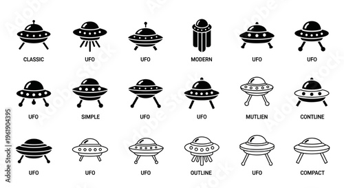 UFO Icons Set: Classic, Modern, Simple, Outline, Compact Flying Saucer Designs