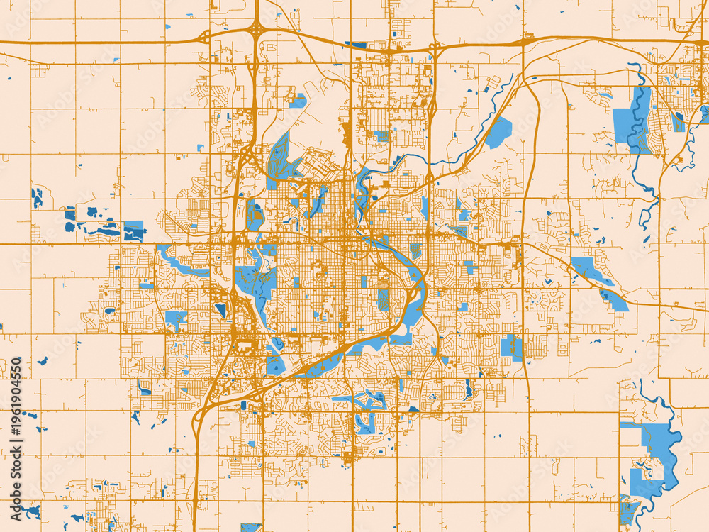 Fototapeta premium Street map of Sioux Falls, South Dakota in gold and blue map palette