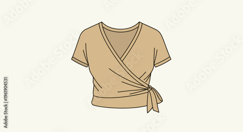 Stylish beige wrap top with short sleeves and a tied side closure, offering a flattering V-neck and adjustable fit for women.