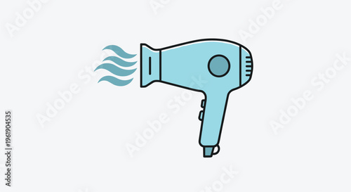 Cartoon-style blue hair dryer with emanating wavy lines indicating hot air, representing hair styling and grooming tools.