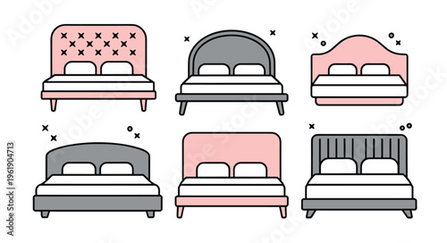 Collection of six flat bed featuring various headboard shapes and styles in pink and grey color palettes with simple line details
