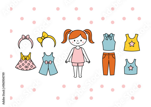 Paper doll set with ginger hair girl character and various clothing including dresses pants tank tops and headbands on a white background with pink polka dots