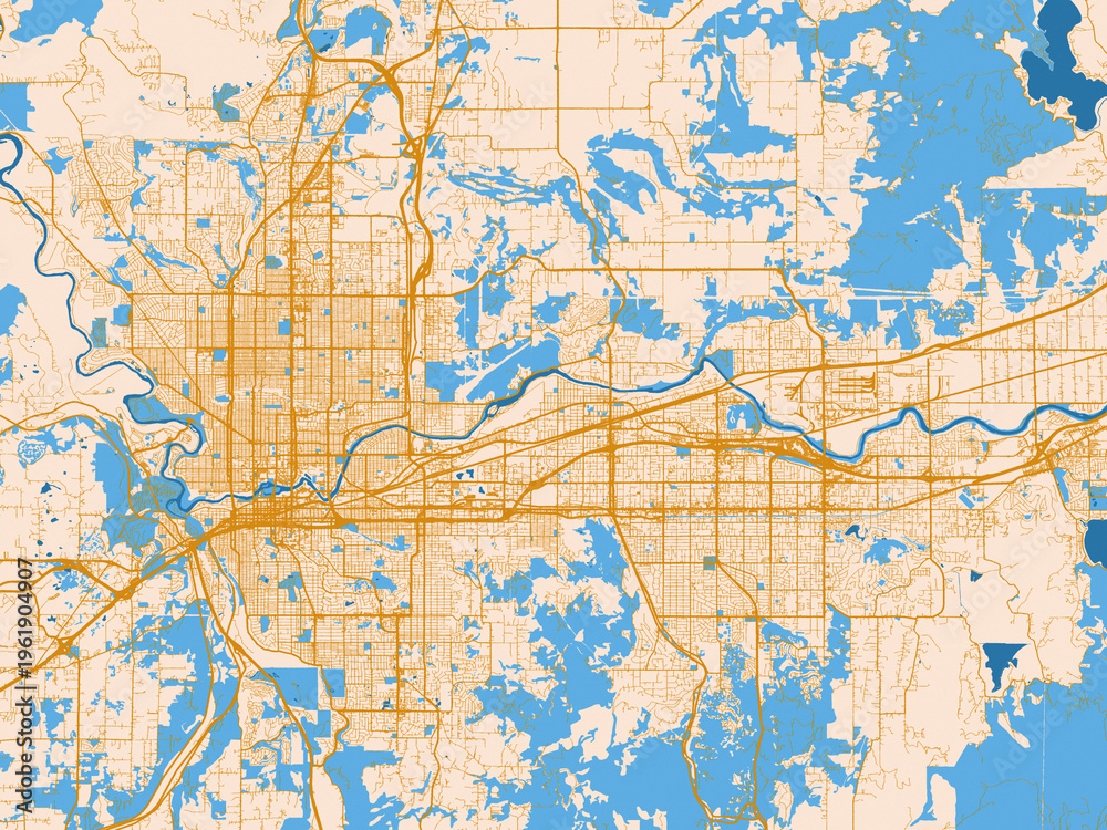 Obraz premium Urban map poster of Spokane Metro, Washington with light cream city field with mustard-gold linework and vivid blue lakes, rivers and waterways