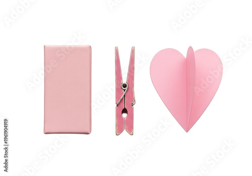 Pink paper Valentines Day heart shapes and clip for love and greeting card design, isolated on white background