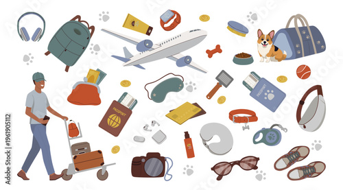 Vector illustration of a man with luggage prepaazring for traveling with a pet amidst various items including a pet carrier, headphones, passports, and pet essentials, bowls, and toys.