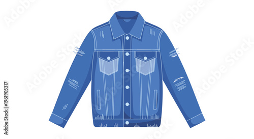 Fashionable blue distressed denim jacket featuring artistic rips, stitching, and embellishments, for a trendy and edgy casual look.
