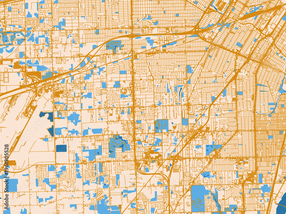 Fototapeta premium Street network map of Taylor, Michigan, mustard-gold streets on cream