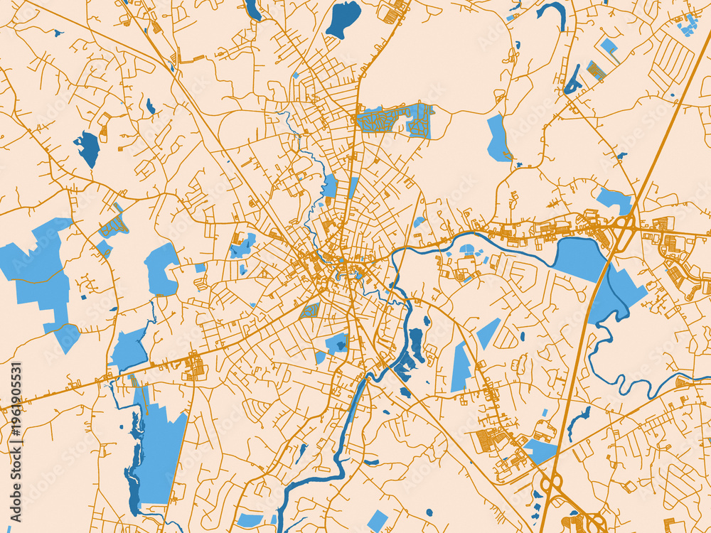 Fototapeta premium City map of Taunton, Massachusetts — warm cream background with golden road lines and bright blue water in a clean flat cartographic style
