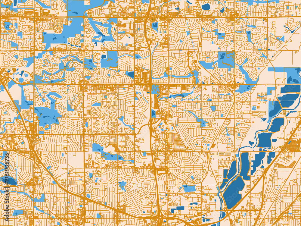 Fototapeta premium Urban map poster of Thornton, Colorado – golden linework with blue water