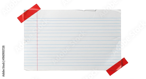 Lined paper note with red tape, isolated on white background