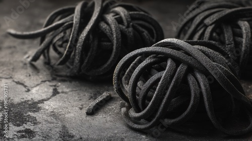 Close-up of Dark Black Squid Ink Pasta Nests Ready for Cooking