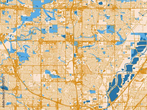 Tableau sur toile Urban map poster of Thornton, Colorado – golden linework with blue water