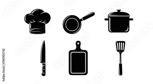 Cooking Utensils Icons: Chef Hat, Pan, Pot, Knife, Cutting Board, Spatula - Black and White Vector Set