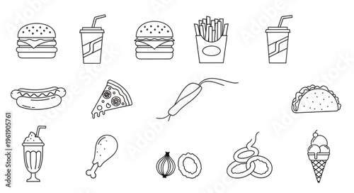 Collection of Fast Food Doodles - Burgers, Fries, Pizza, and More.