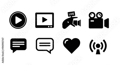 Set of Social Media Icons: Play Button, Video Player, Live Camera, Film Camera, Chat Bubbles, Heart, Wi-Fi Signal