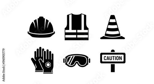 Construction Safety Equipment Icons: Hard Hat, Vest, Cone, Gloves, Goggles, Caution Sign