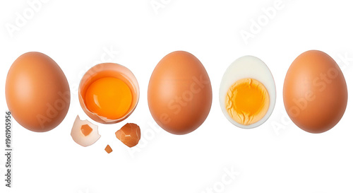 Brown eggs with cracked and whole eggs on white background