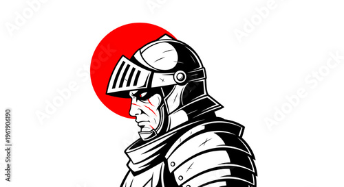 A knight in armor with a helmet and red sun background 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 illustration