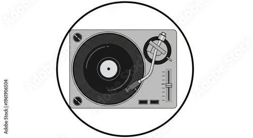 Vintage Turntable with Vinyl Record in Circular Frame.