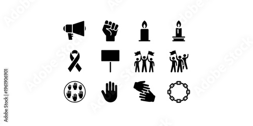 A set of black and white vector icons representing activism and social justice on transparent background
