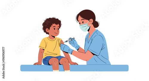 A female nurse in a mask administers a vaccination to a young boy on a blue examination table during world immunization week