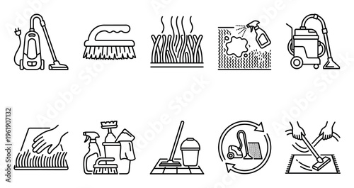 This set of line art icons features various cleaning tools and actions, perfect for illustrating domestic chores, janitorial services, or hygiene concepts with a modern, simple style.