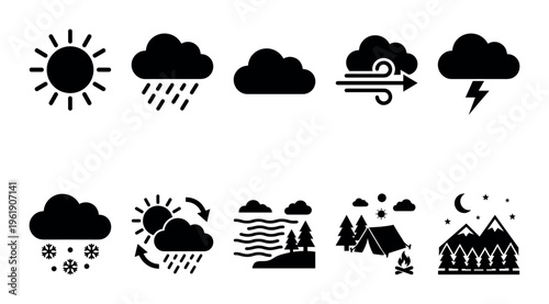 Collection of black weather icons on a white background, representing various conditions like sun, rain, snow, wind, lightning, and camping scenes, useful for weather apps and informational graphics.