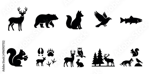 A collection of black silhouettes of wild animals and nature elements like trees and footprints set against a clean white background for versatile use.