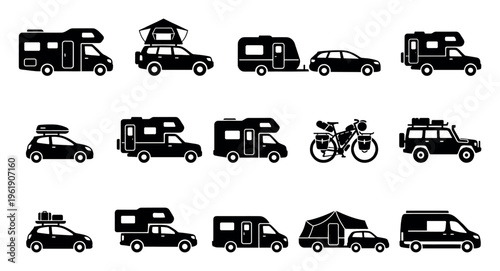 Collection of black and white icons featuring various recreational vehicles, including camper vans, RVs, SUVs with roof tents, and a touring bicycle, symbolizing travel and adventure.