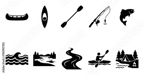 A collection of black vector icons depicting various outdoor adventure activities including kayaking, canoeing, fishing, and camping with a tent and campfire.