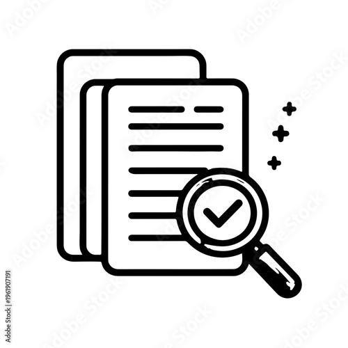 Line art icon depicting document review and verification with a magnifying glass and checkmark.