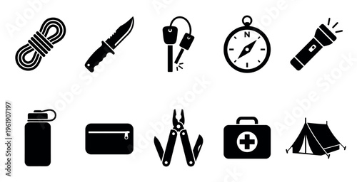 A collection of black silhouette icons representing essential camping and survival equipment, including rope, knife, multi-tool, compass, flashlight, water bottle, first aid kit, and tent.