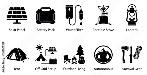 A collection of black and white vector icons illustrating essential outdoor and survival equipment for camping and off-grid living.